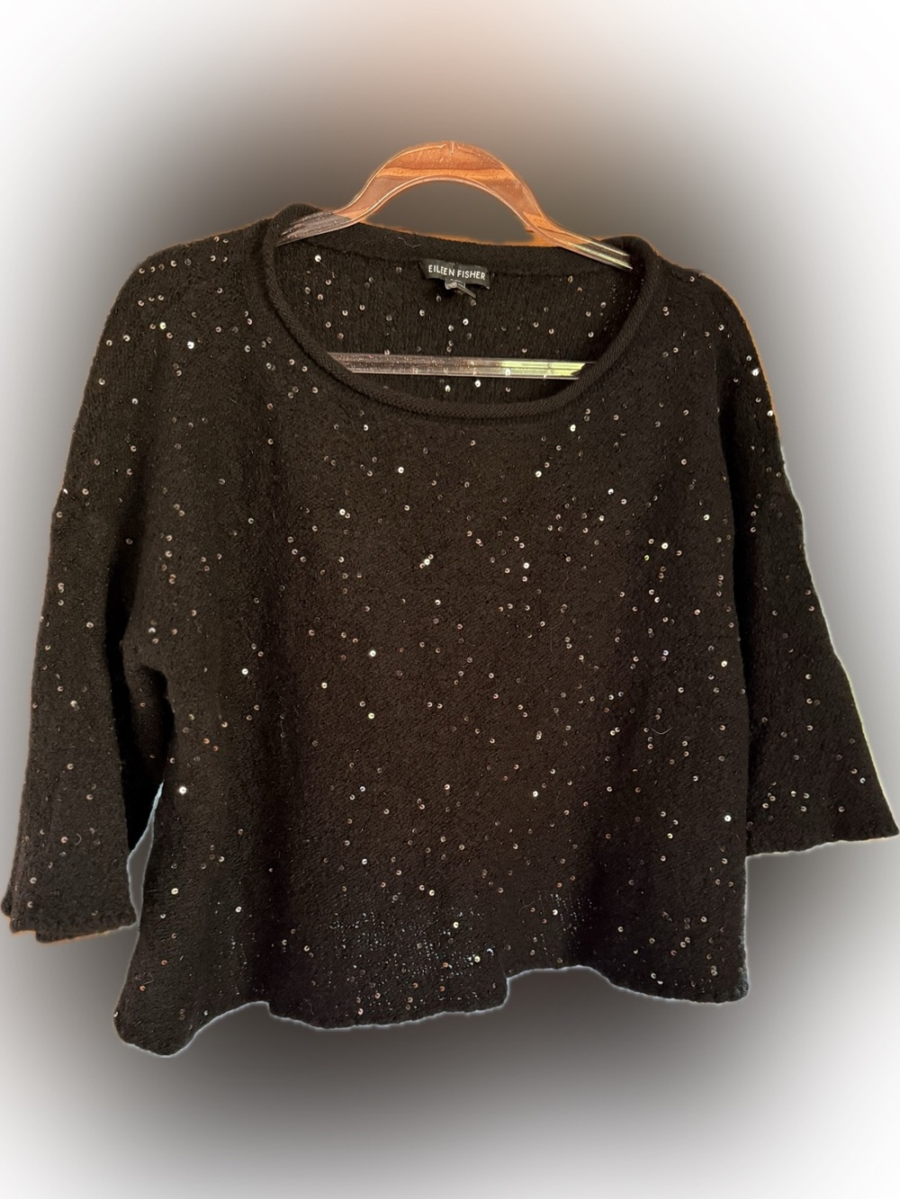 Eileen Fisher sequinned wool black cropped sweater 1X